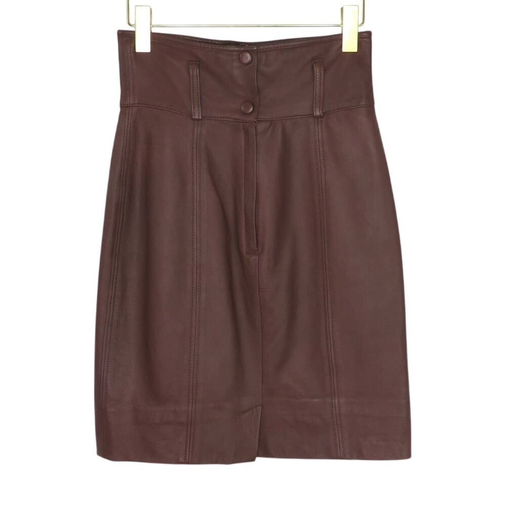 90s Vintage High Rise Chocolate Brown Leather Midi Skirt Waist 26"